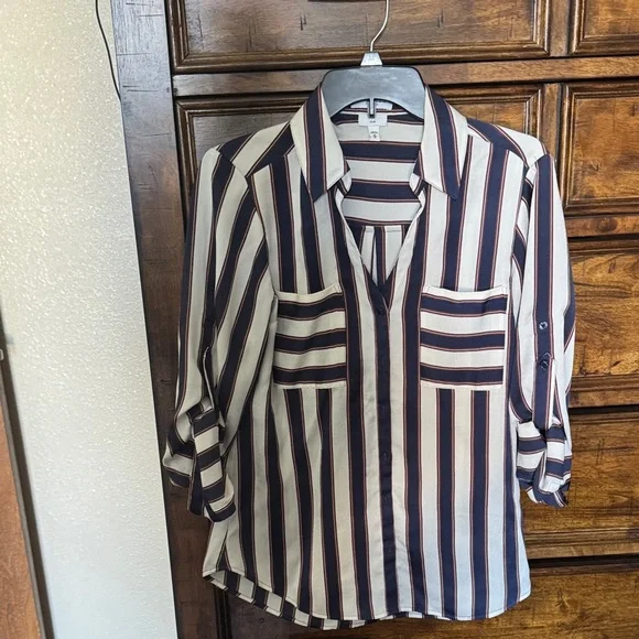 Express Navy White Striped Button Blouse  Work Casual Top| M - Picture 2 of 11